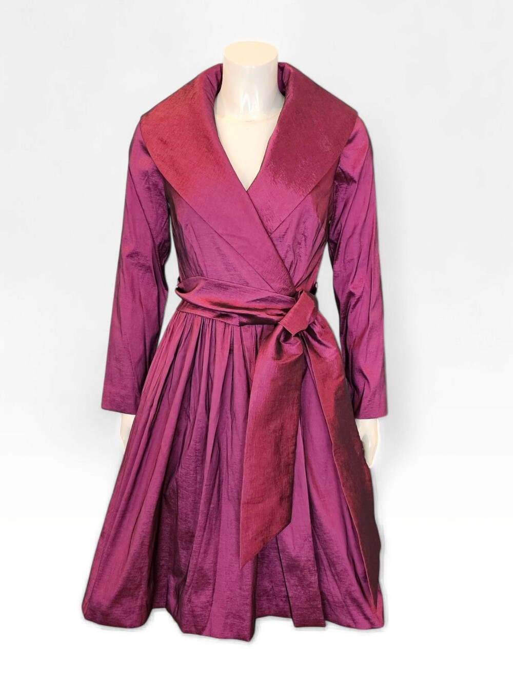 Nwt TAHARI ASL Berry Taffeta Wrap Belted Portrait Collar Fit Flare Dress 4
